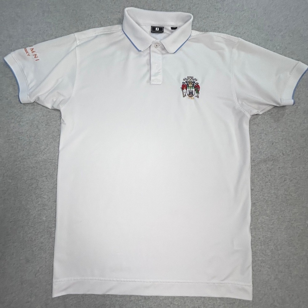 FootJoy Polo Shirt‎ Mens Medium White Excellent Alumni Whisky Embroidered Crest